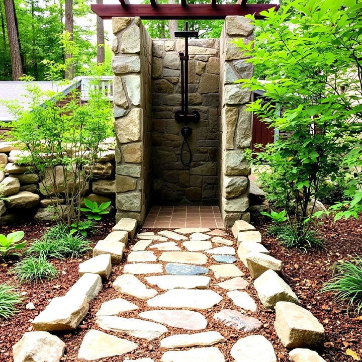 stone lined outdoor shower pathway