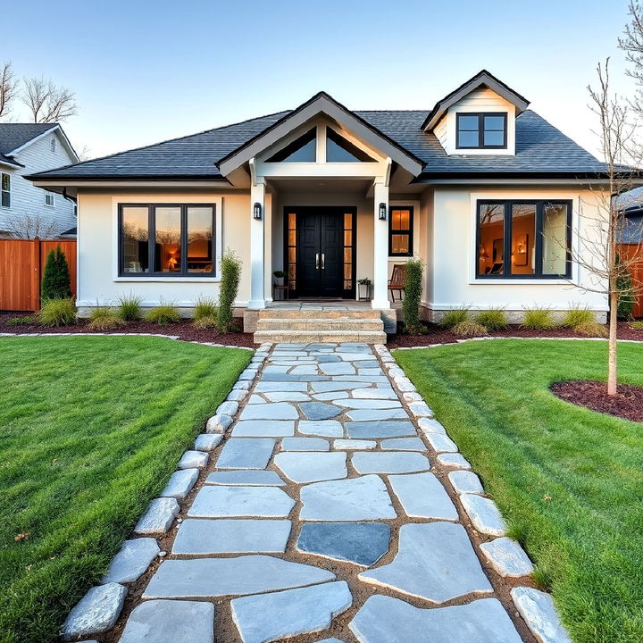 stone walkway leading to a modern cottage