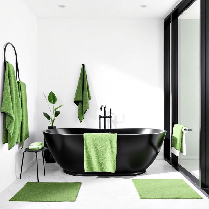 striking black bathtub with green towels and accessories