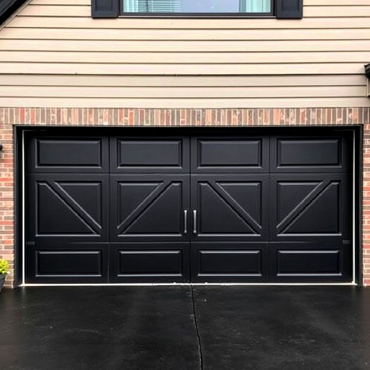 striking black garage door with geometric patterns