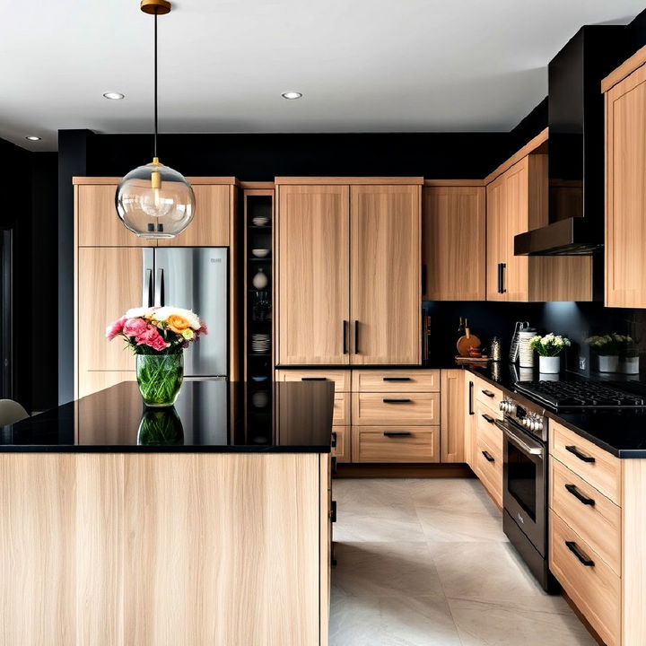 striking charcoal countertops with light oak cabinets