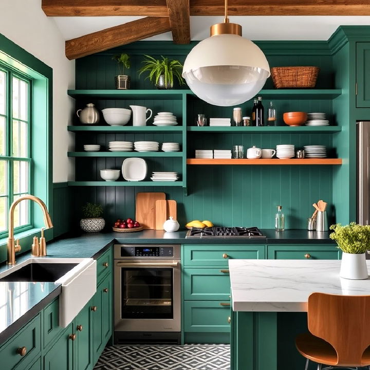 striking emerald green open shelving