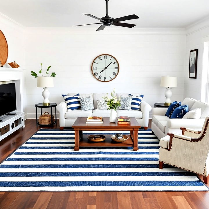 striped rug for nautical living room