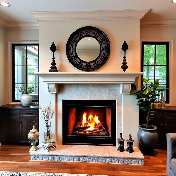 stucco fireplace with transitional elements