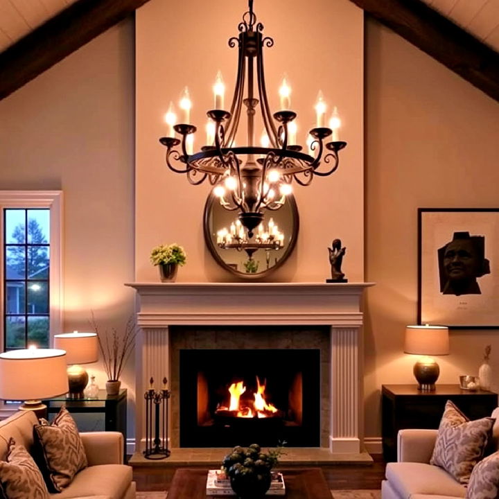 stunning chandelier above the fireplace