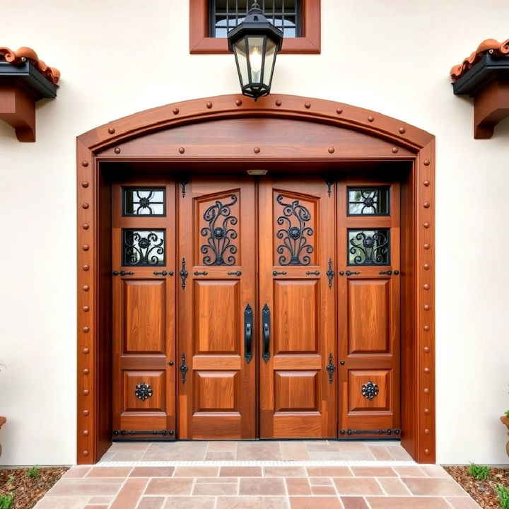 sturdy wooden doors with iron studs