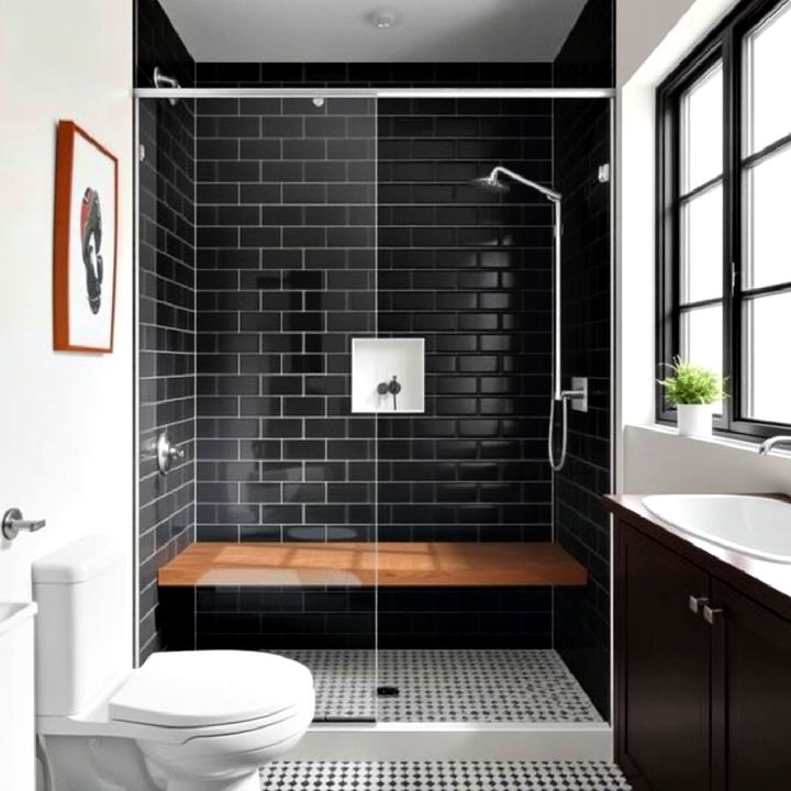 stylish black shower with wooden bench