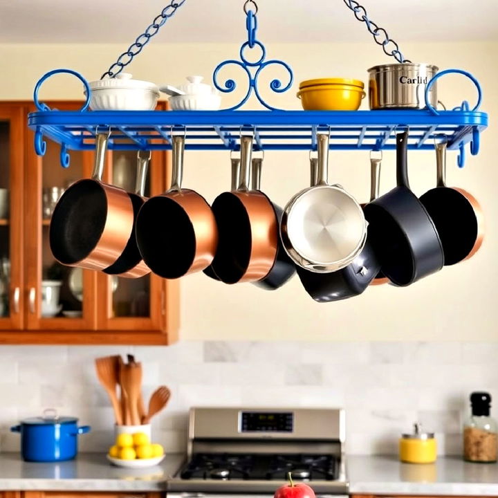 stylish blue pot rack for kitchen s design