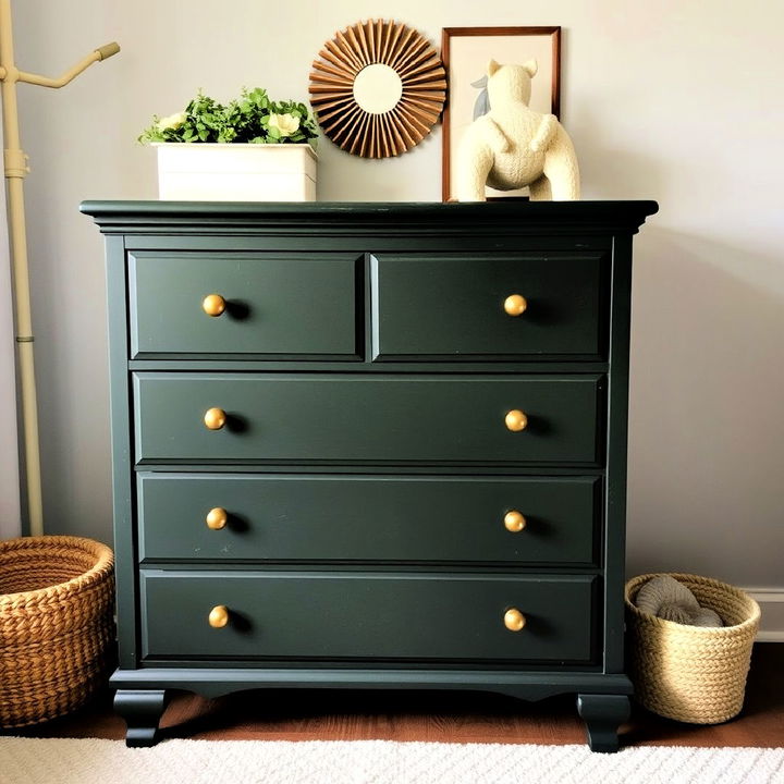 stylish dark green dresser with brass knobs