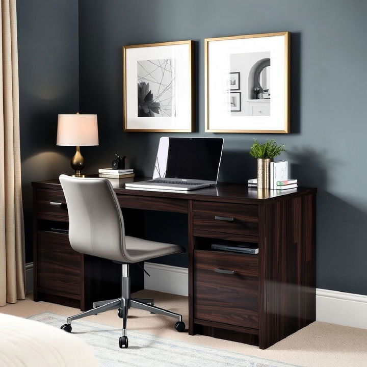 stylish dark wood desk with built in storage