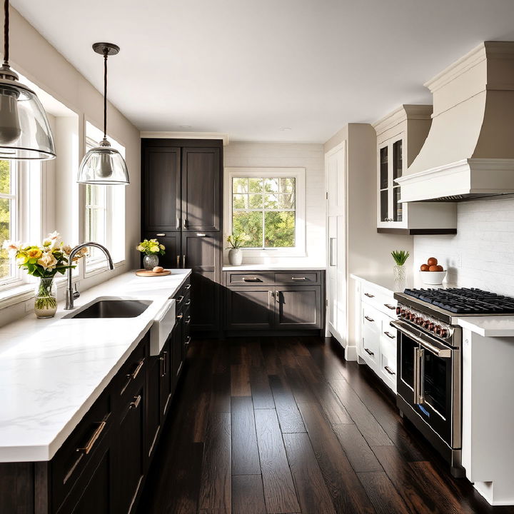 stylish dark wood flooring with light countertops