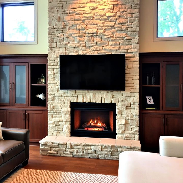 stylish faux stone fireplace with built in tv nook