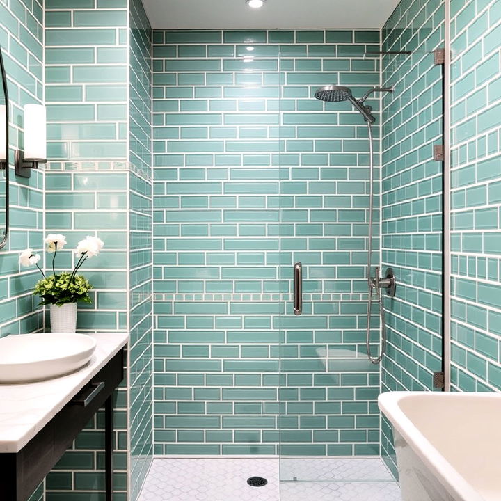 stylish mint green subway tiles in the shower