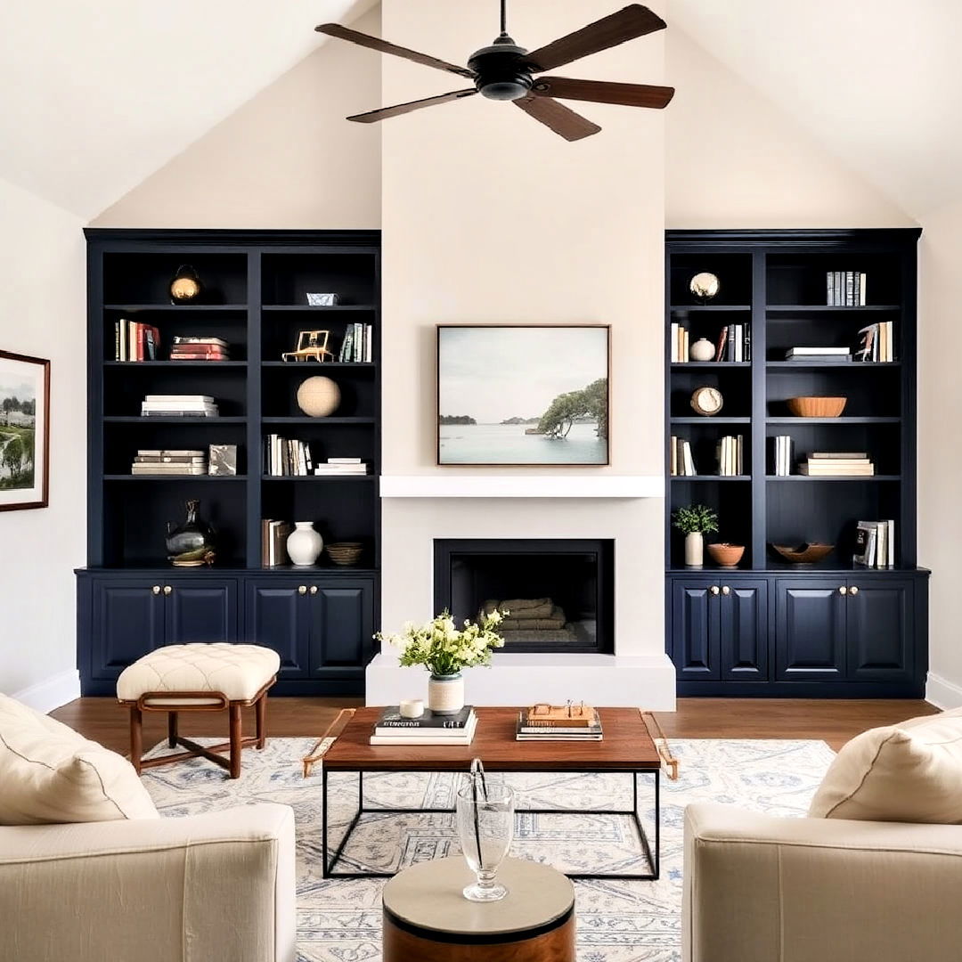 stylish navy built in shelving