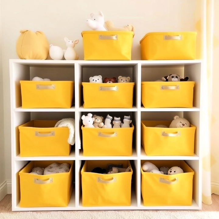 stylish yellow storage bins for nursery organized