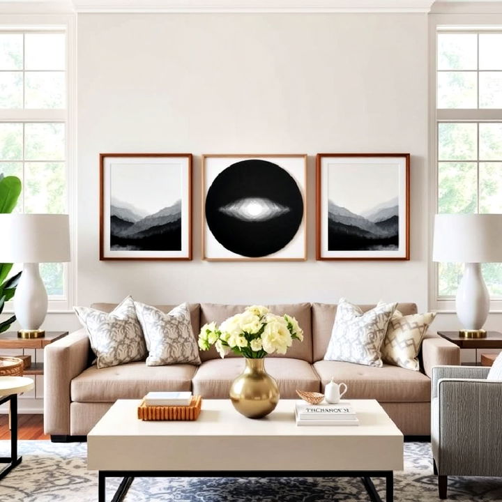 symmetrical artwork display in living room