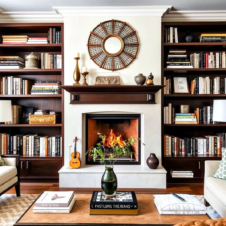 symphony of style fireplace and bookshelves