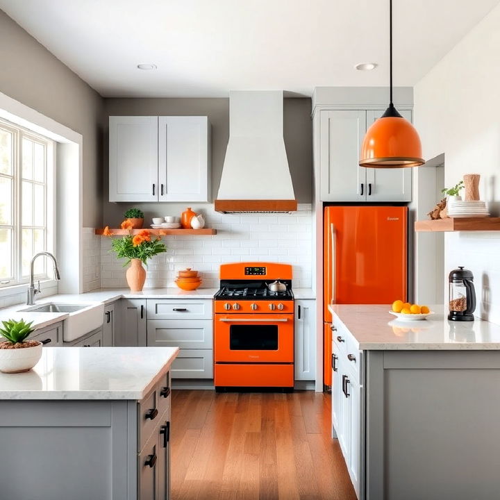 tangerine and dove gray kitchen