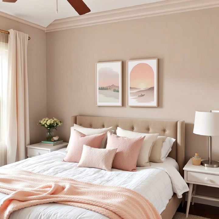 taupe and pastel accents bedroom