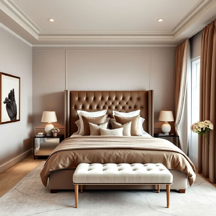 taupe and velvet fabrics bedroom