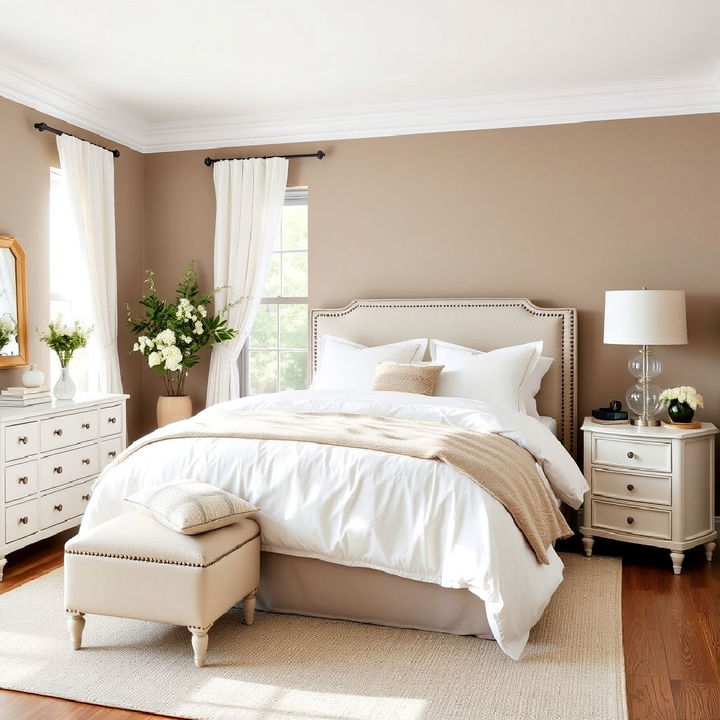 taupe and white combination bedroom