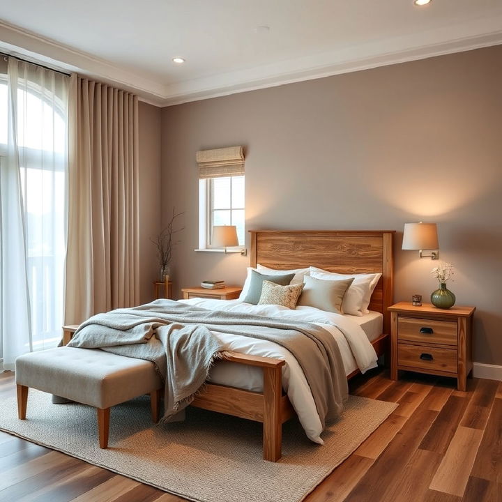 taupe and wood accents bedroom