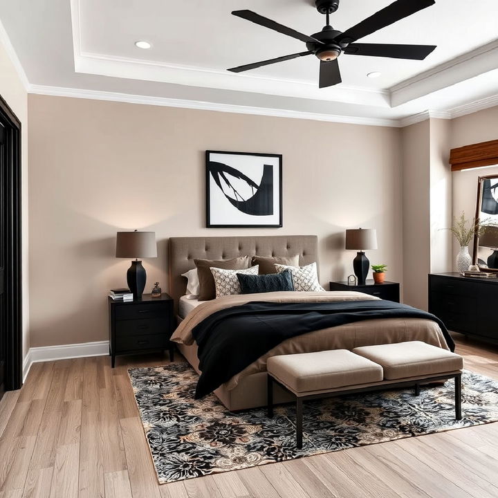 taupe bedroom with black accents