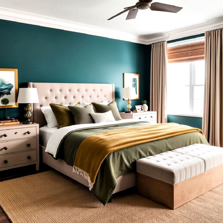 teal and olive green accents bedroom