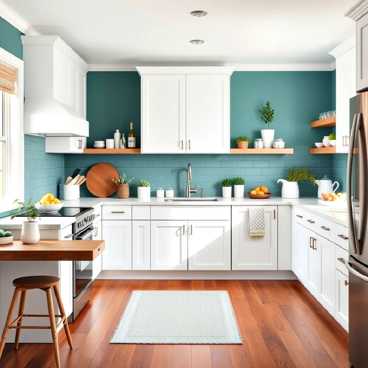 teal and white color scheme for kitchen