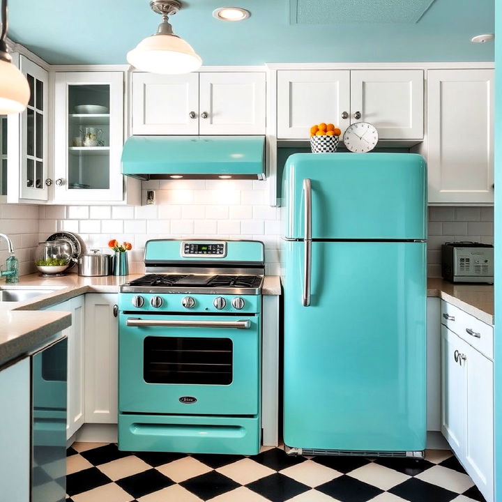 teal appliances for retro inspired kitchen