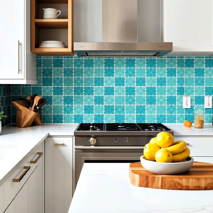 teal backsplash with patterned tiles design