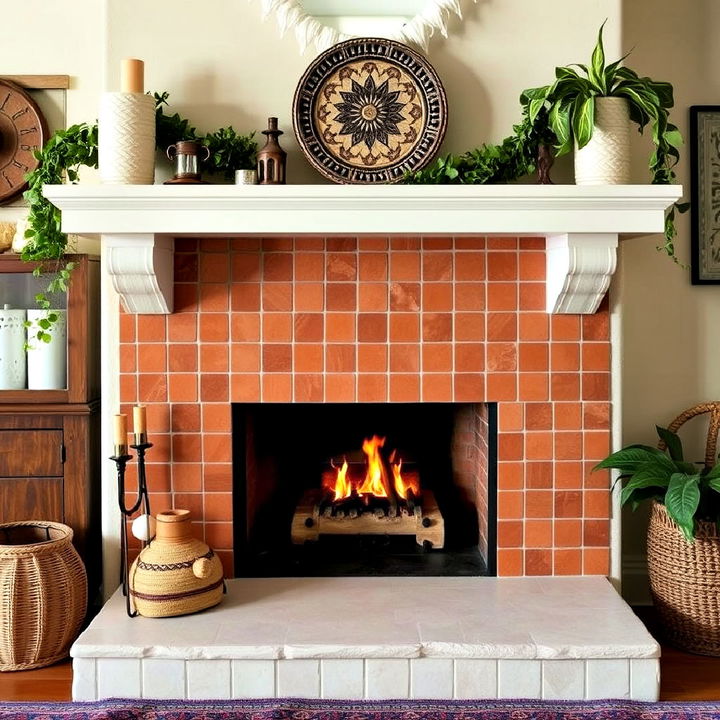 terra cotta tiles fireplace backsplash