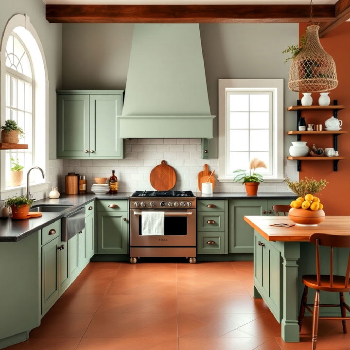 terracotta and sage green kitchen