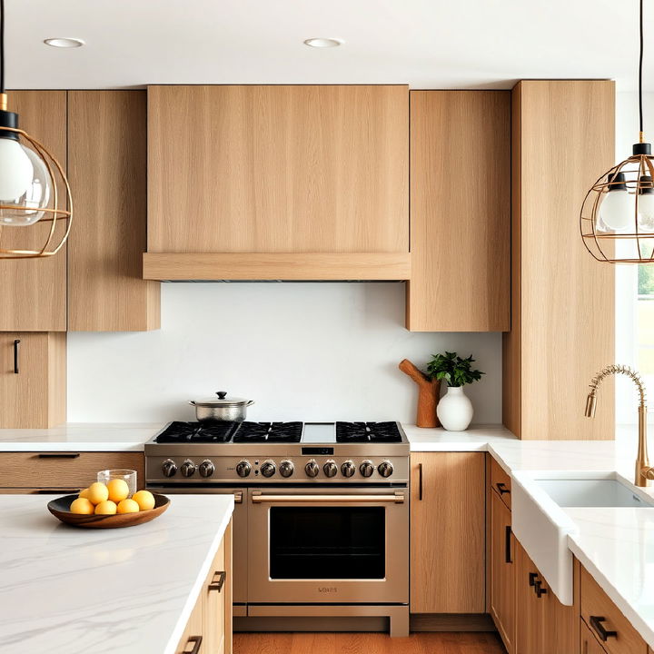 textural contrast kitchen with white oak cabinets