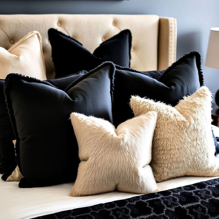 textured black and beige pillows