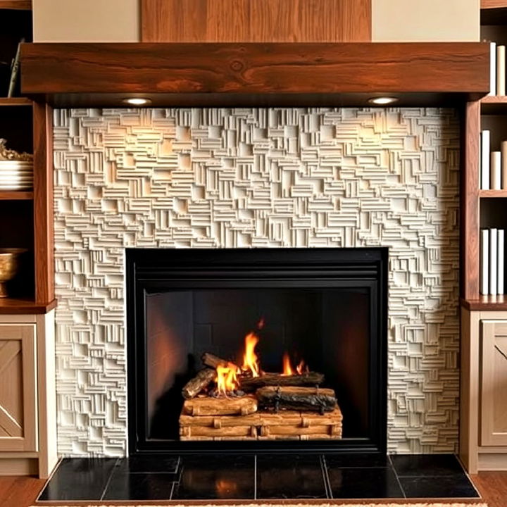 textured ceramic tiles fireplace backsplash