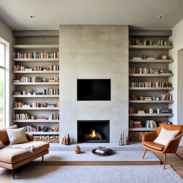 textured concrete fireplace with built in shelving