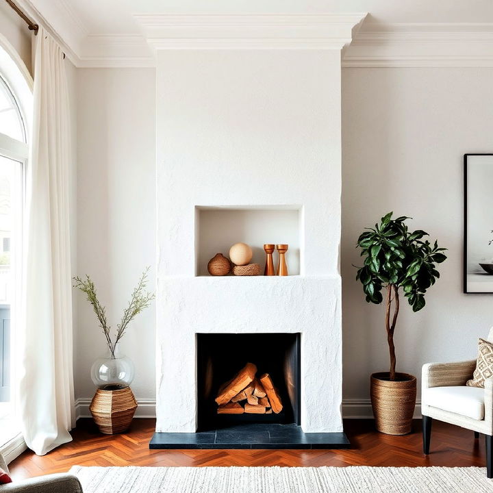 textured white plaster fireplace with recessed niche