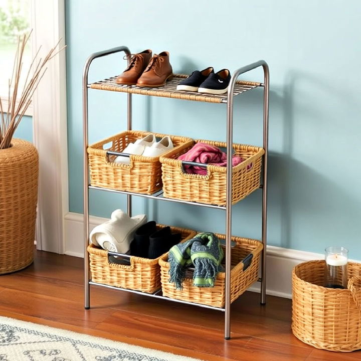 tiered basket stand for a small entryway