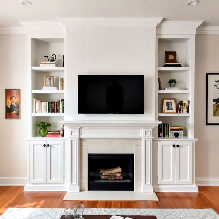 timeless fireplace and bookshelves