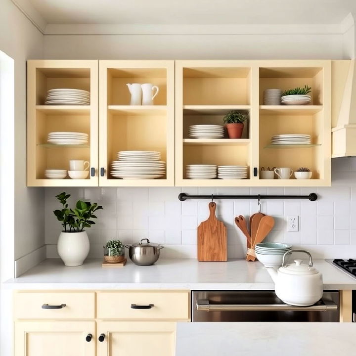 traditional cabinetry for pale yellow open shelving