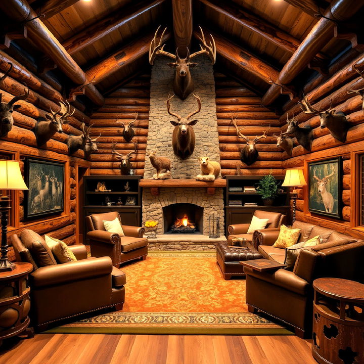 trophy room with a rustic log cabin retreat