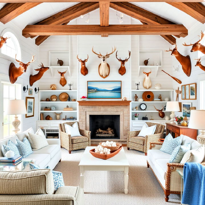 trophy room with coastal inspired decor