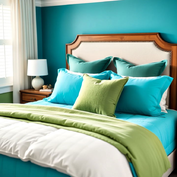 turquoise bedding with green throw pillows