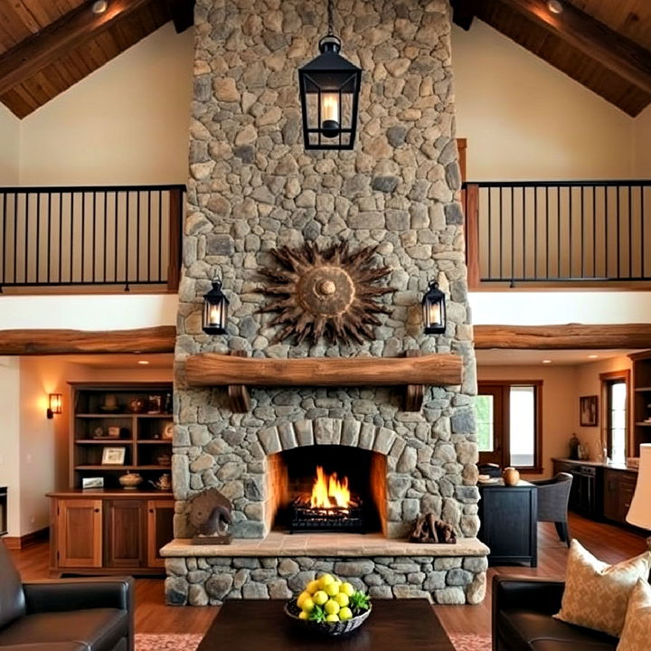 two story lantern lit rustic lodge fireplace