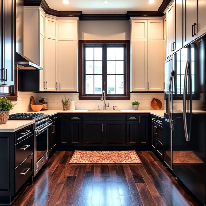 two tone kitchen cabinetry with dark wood flooring