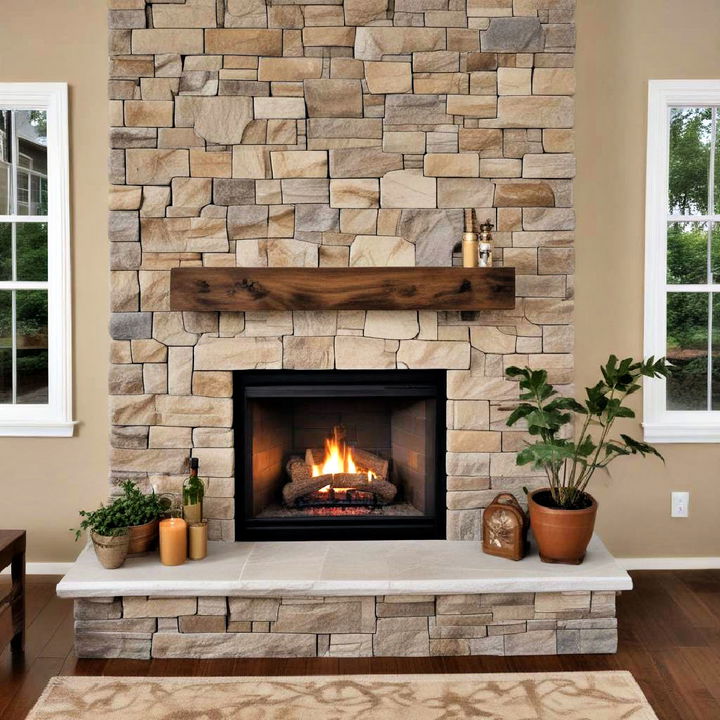 two toned faux stone fireplace