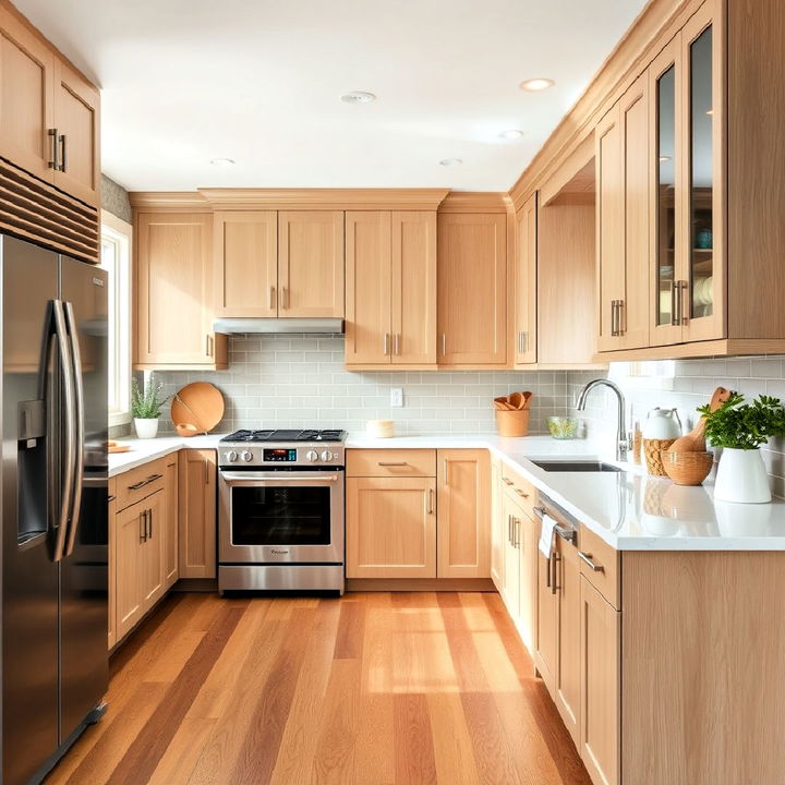 u shaped kitchen with white oak cabinets