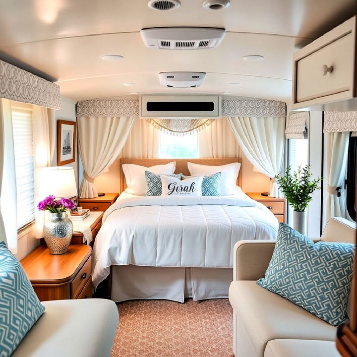 unified color rv bedroom scheme