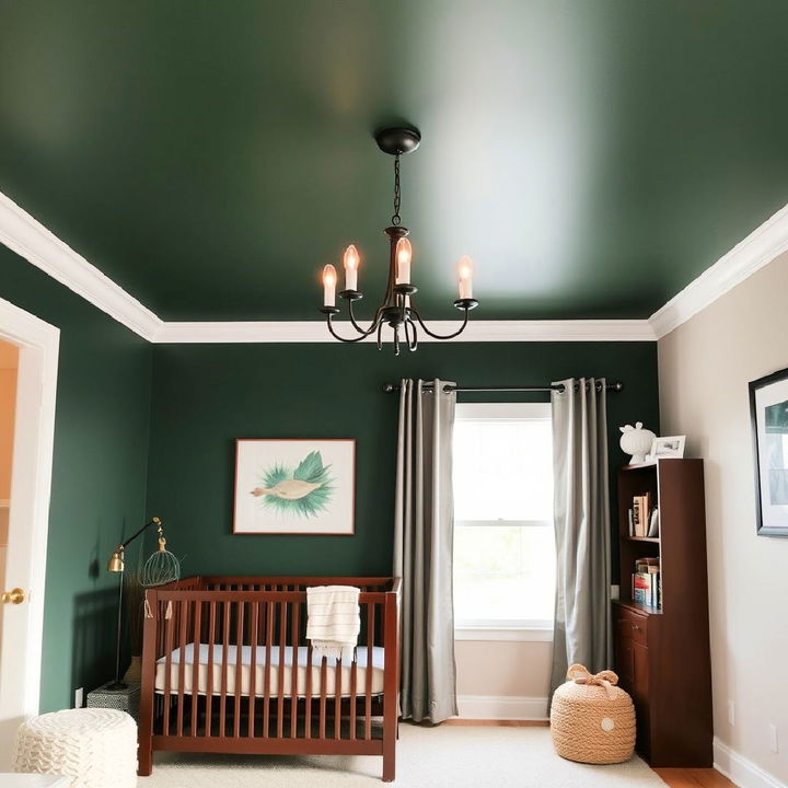 unique and bold dark green nursery ceiling